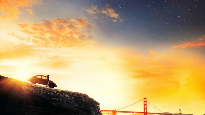 Bumblebee on a cliff overlooking Golden Gate Bridge at sunset