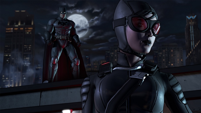 Batman and Catwoman on a rooftop in Gotham
