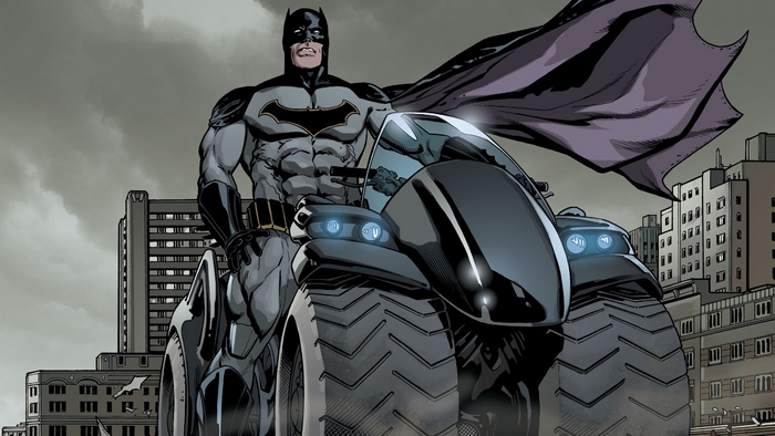 Batman on a Batcycle in Gotham City
