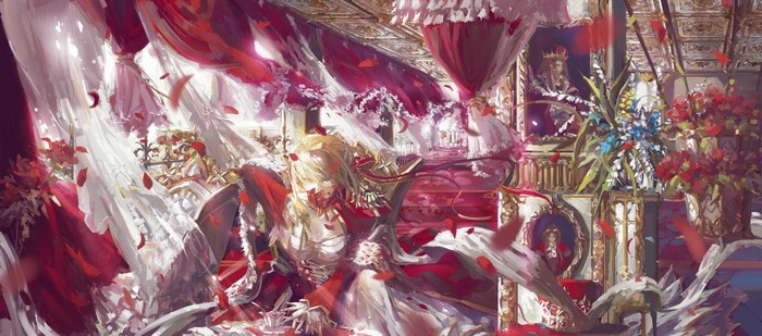 Red Saber in a lavish room with falling petals