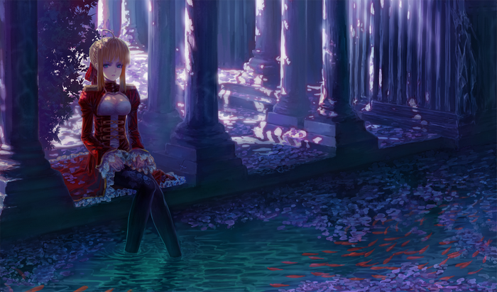 Red Saber sitting by a pond with koi fish