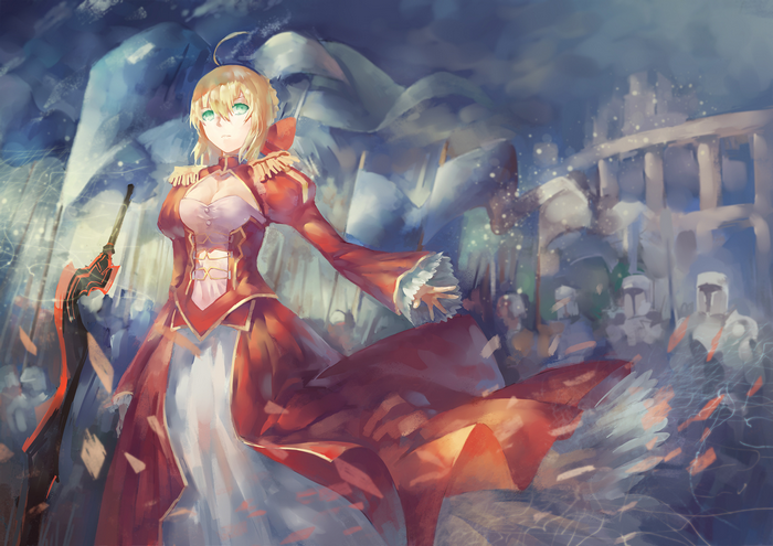 Saber from Fate/stay night in red dress with sword