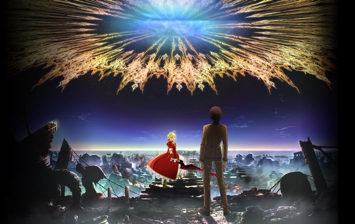 Red Saber and man in ruined city