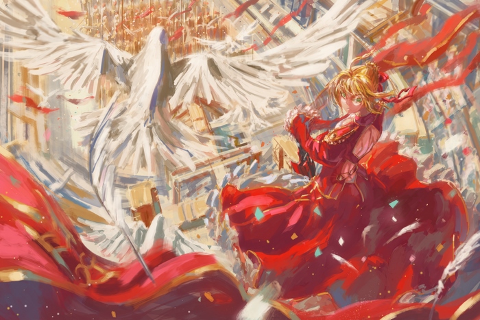 Red Saber with White Bird and Cityscape