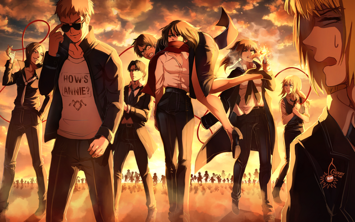 Characters from Attack on Titan in a sunset scene