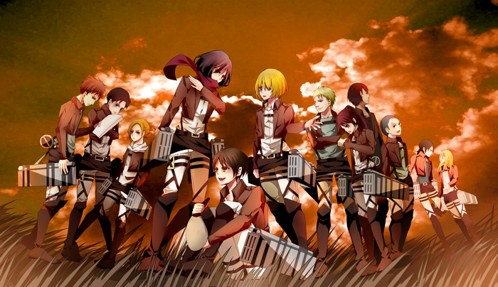 Attack on Titan characters in a field