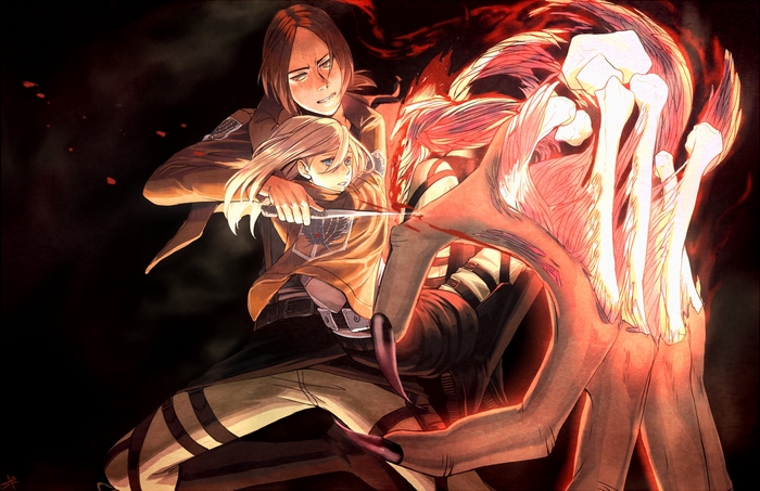 Ymir and Historia Reiss fighting a Titan from Attack on Titan