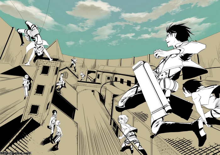Attack on Titan characters in a walled city