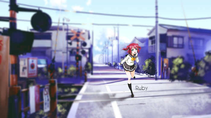 Ruby Kurosawa running at a railroad crossing