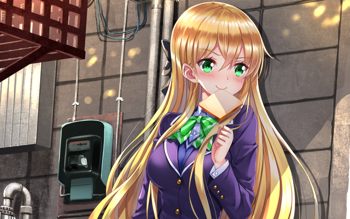 Karen Tendou eating a sandwich