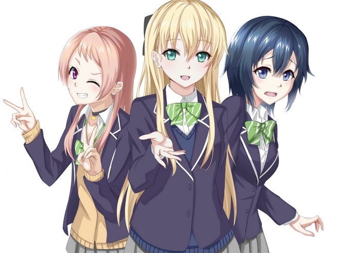 Three anime girls in school uniforms