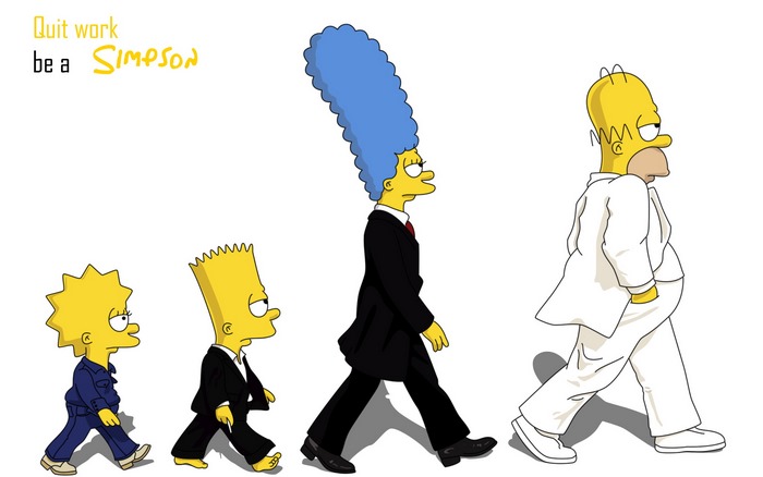 The Simpsons characters walking in suits