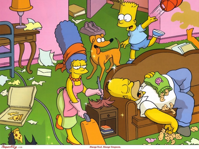 Marge Simpson and family cleaning a messy room