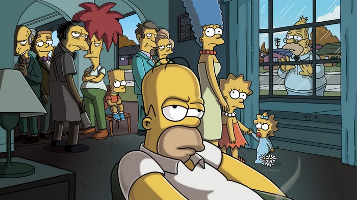 The Simpsons characters gathered indoors