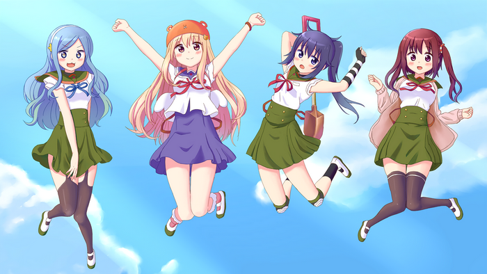 Four anime girls jumping in the sky