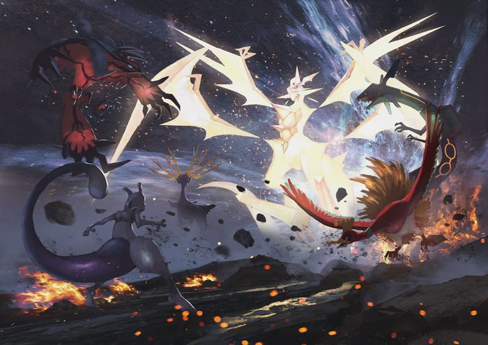 Mewtwo and other legendary Pokémon in a cosmic battle