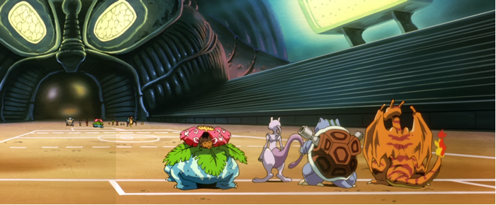 Pokemon: Mewtwo, Venusaur, Blastoise, and Charizard in arena