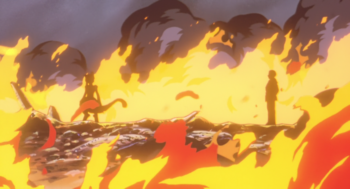 Mewtwo from Pokémon in a fiery landscape