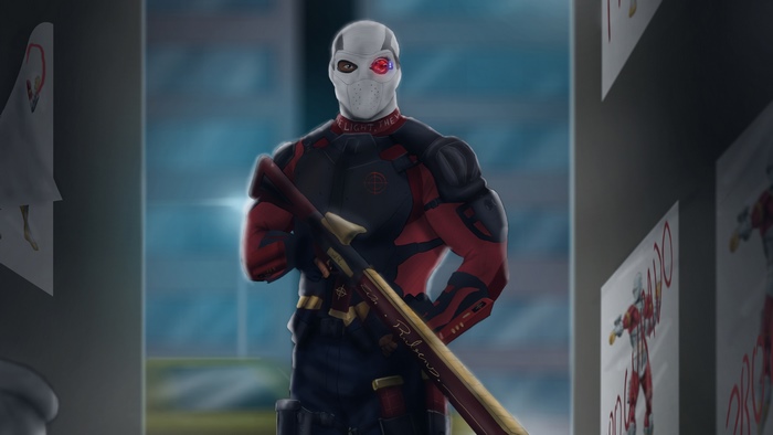 Deadshot holding a rifle in front of posters