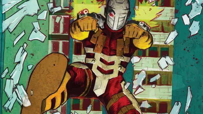 Deadshot from DC Comics breaking through a building