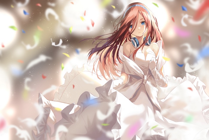 Miku Nakano in a white dress with headphones