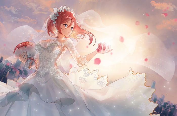 Miku Nakano in a wedding dress holding a bouquet