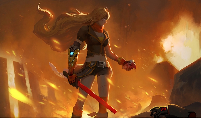 Yang Xiao Long from RWBY in a burning environment