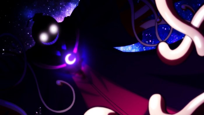 Koro-sensei Silhouette with Glowing Eyes and Cosmic Sky