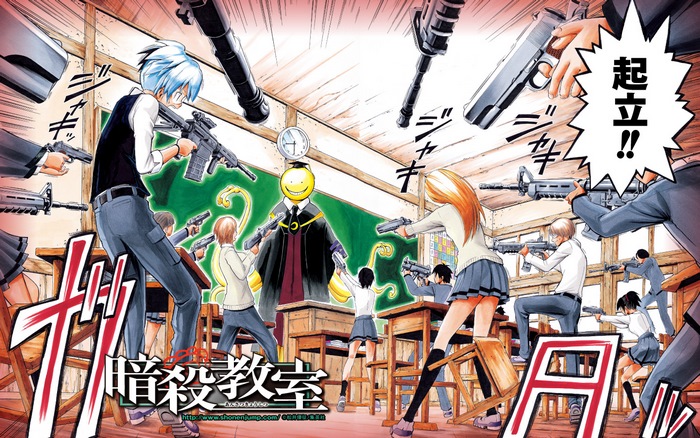 Assassination Classroom Koro-sensei and students with guns