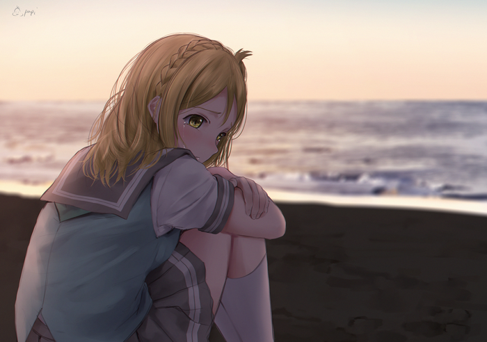 Mari Ohara crying on the beach at sunset