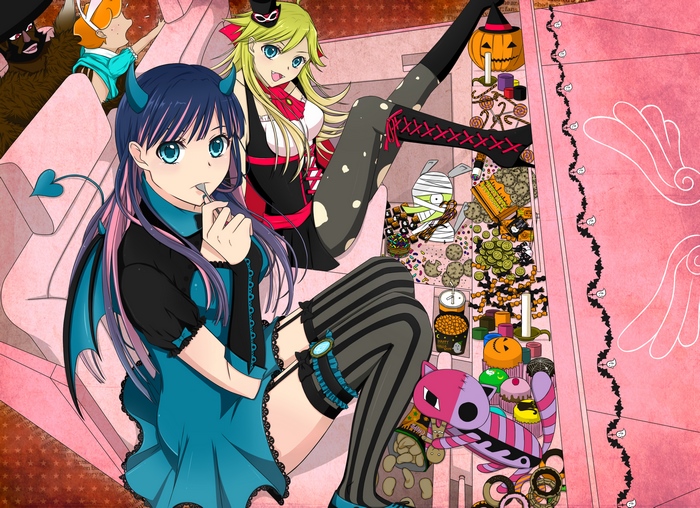 Anime girls in Halloween costumes with candy