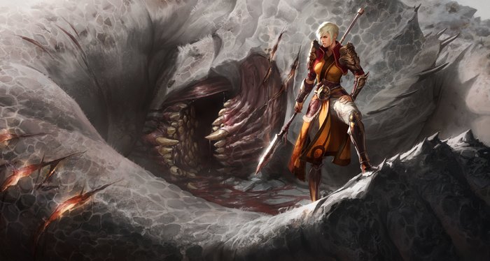 Monk from Diablo III in front of a monster's maw