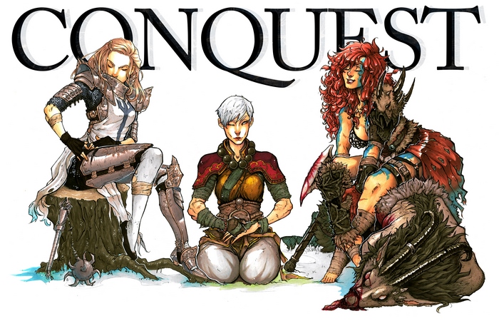 Three female warriors with the word CONQUEST