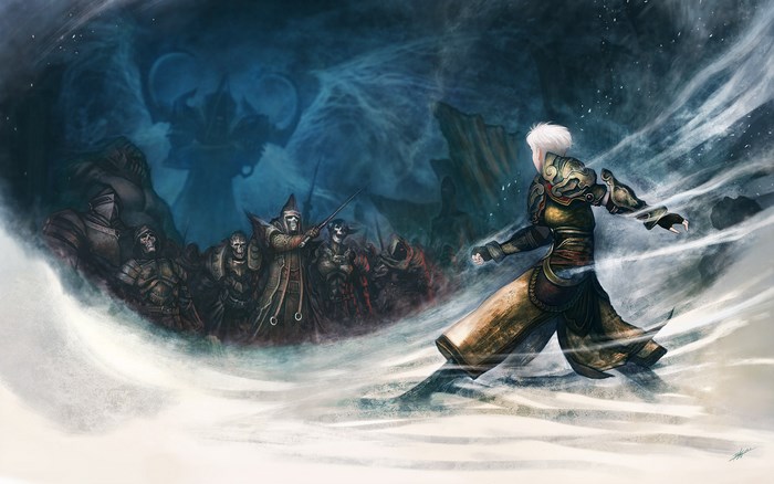 Monk from Diablo III facing an army of skeletons