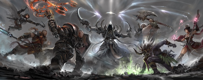 Diablo III characters fighting the Skeleton King
