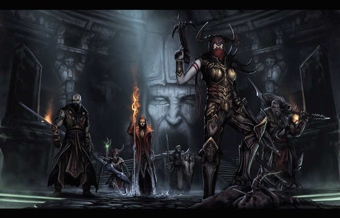 Monks from Diablo III in a dark chamber