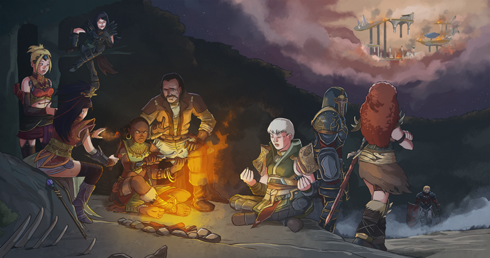 Monks gathered around a campfire with a burning city in the background
