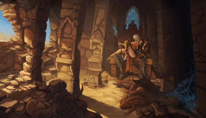 Monk from Diablo III in a ruined throne room