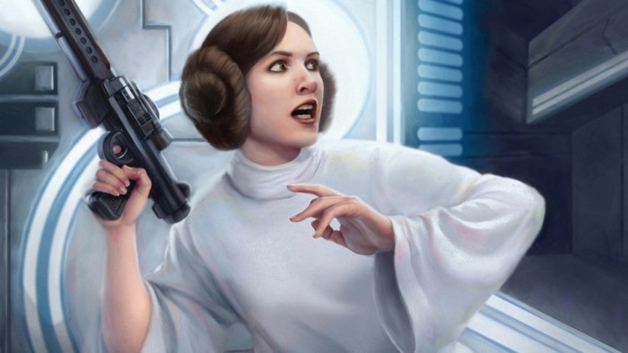 Princess Leia from Star Wars holding a blaster