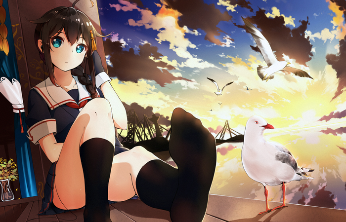 Shigure from Kancolle sitting by the sea at sunset