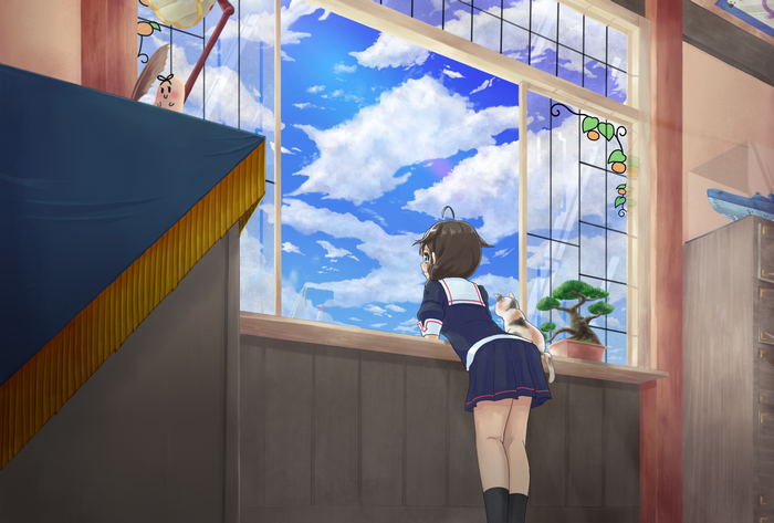 Shigure from Kancolle looking out a window