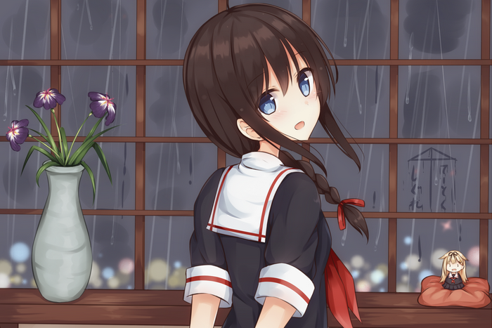 Shigure from Kancolle in uniform by the window