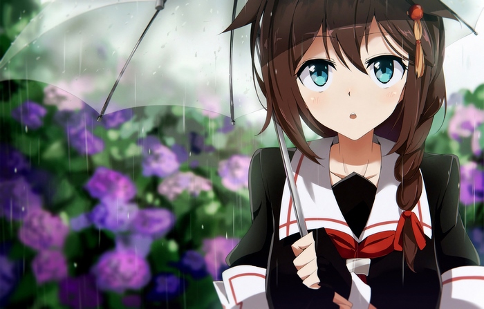 Shigure from Kancolle holding an umbrella in the rain