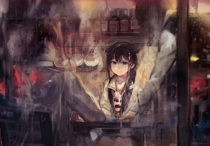 Girl with dessert in cafe on rainy day