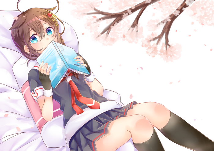Shigure from Kancolle reading a book under cherry blossoms