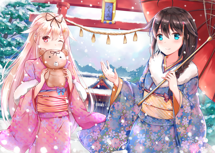 Shigure from Kancolle in winter with a teddy bear