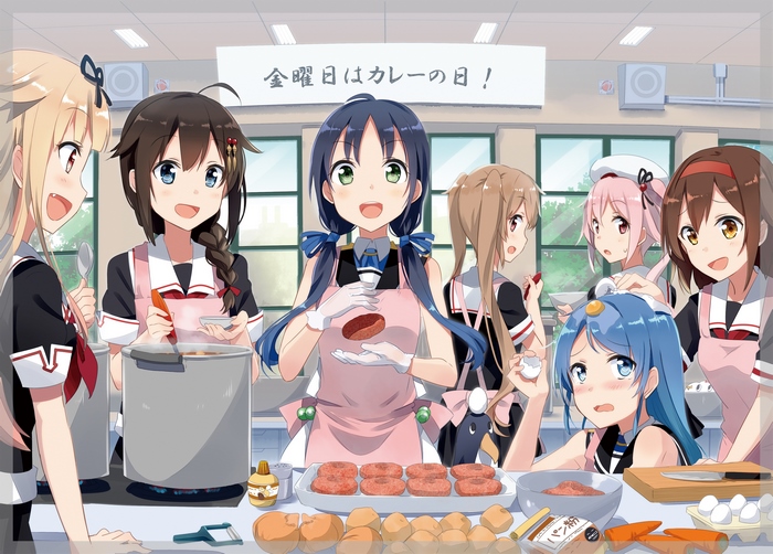 Girls cooking curry in a kitchen