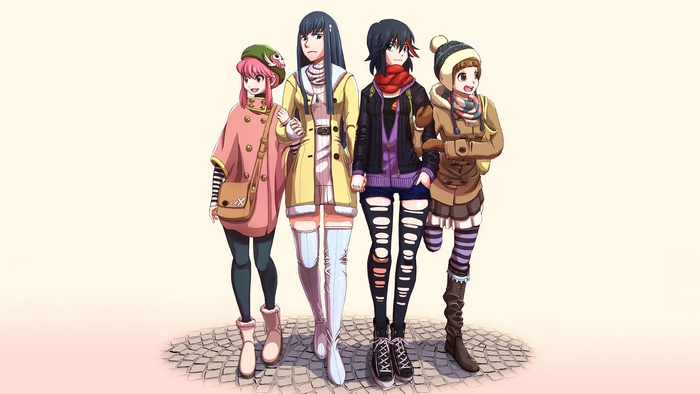 Four anime girls in winter clothing