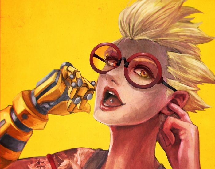 Junkrat from Overwatch with robotic arm and glasses