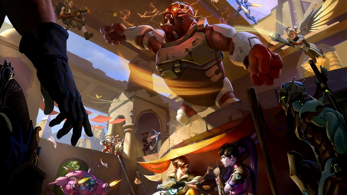 Overwatch characters in a battle scene